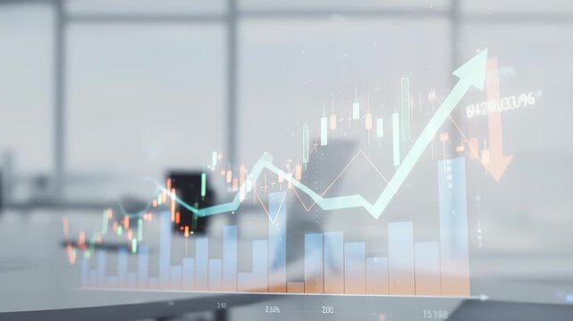 Dynamic stock market graph with upward and downward trends visualized on a futuristic dashboard