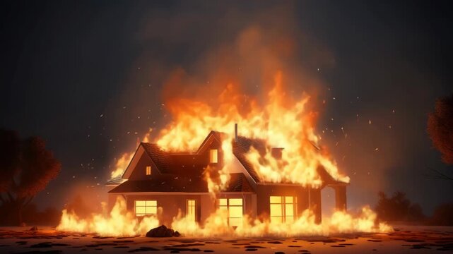 Dramatic video scene of a house engulfed in flames at night. Captured from a low angle, highlighting the intense blaze against a dark sky. Live desktop wallpaper.