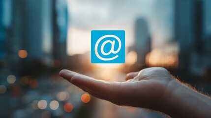 A hand holding an email symbol, representing digital communication and connection.