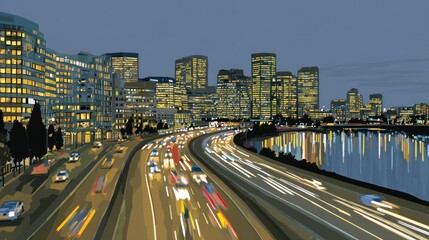 Fototapeta premium Illuminated city highway at twilight.