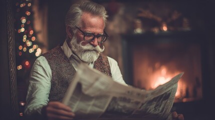 Senior man reading newspaper by fireplace.
