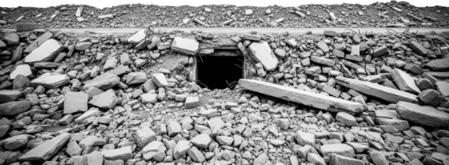 Pile of grey concrete rubble and debris with exposed rebar and dark opening transparent background