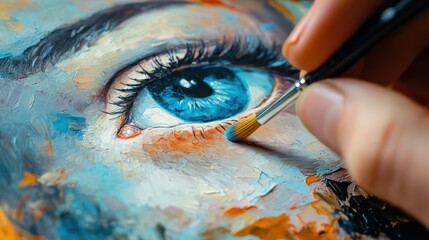 Artist's Hand Painting Vibrant Blue Eye in Impasto Style