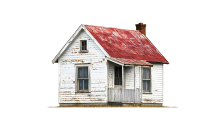 Small white cottage with red roof and charming rustic design isolated on white background