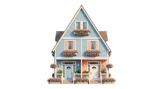 Pastel townhouse with flower boxes and charming architecture perfect for real estate listing
