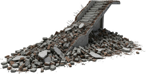 Debris pile with broken concrete steps and scattered bricks isolate rubble