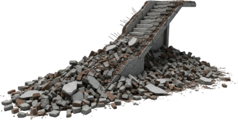Debris pile with broken concrete steps and scattered bricks isolate rubble