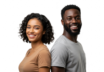 A happy african american couple, a man and a woman, smile warmly while standing back to back, isolated on white isolated on transparent background