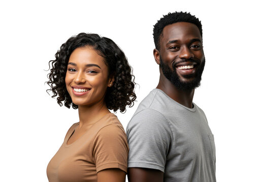 A happy african american couple, a man and a woman, smile warmly while standing back to back, isolated on white isolated on transparent background
