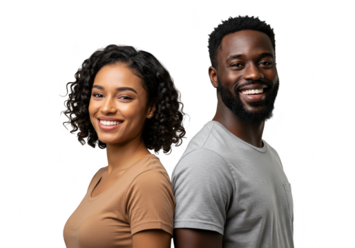A happy african american couple, a man and a woman, smile warmly while standing back to back, isolated on white isolated on transparent background