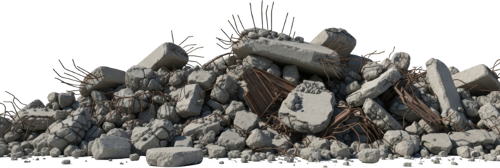 Heap of broken concrete debris with exposed rebar debris pile construction rubble isolate