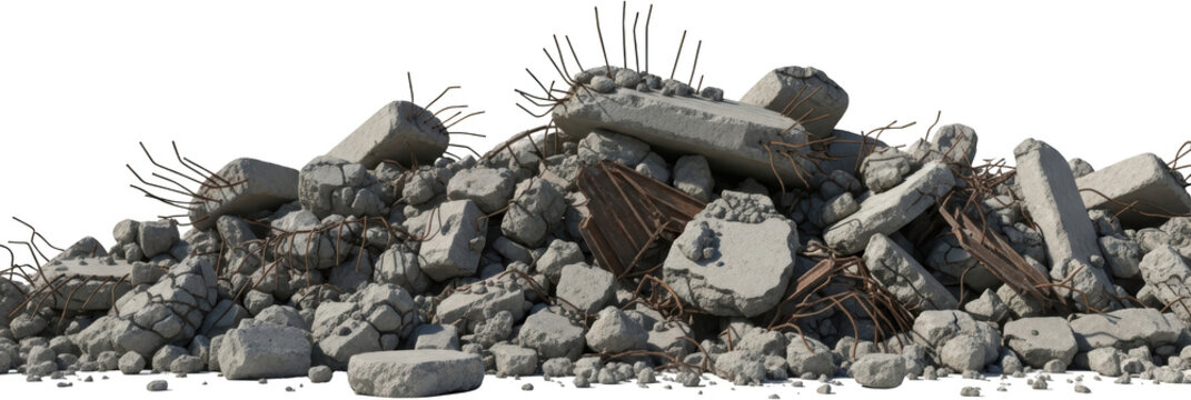 Heap of broken concrete debris with exposed rebar debris pile construction rubble isolate