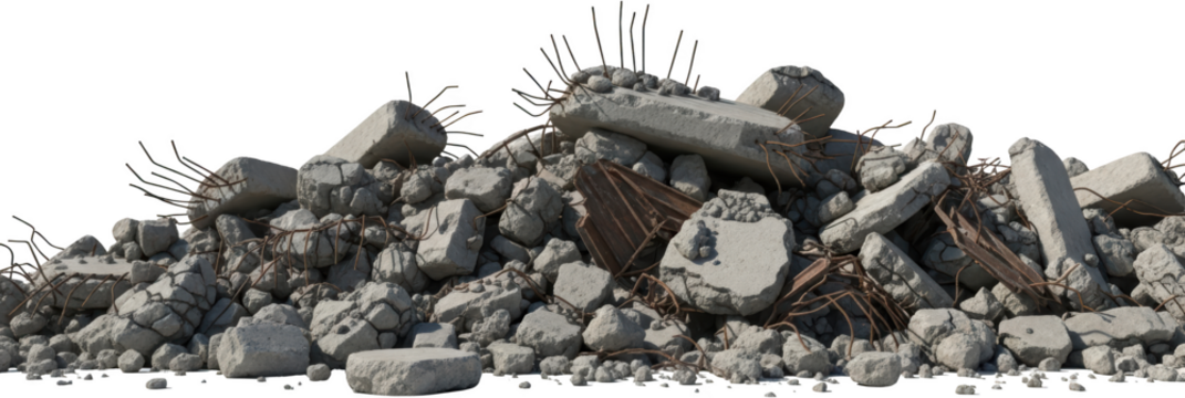 Heap of broken concrete debris with exposed rebar debris pile construction rubble isolate