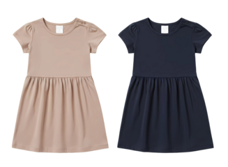 Two children s dresses in beige and navy blue on a white background