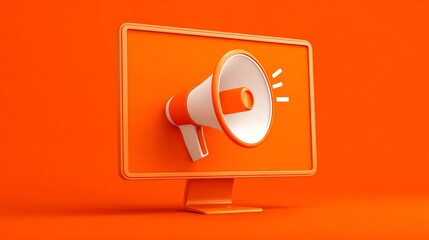 A vibrant orange computer screen displaying a megaphone icon for digital communication.