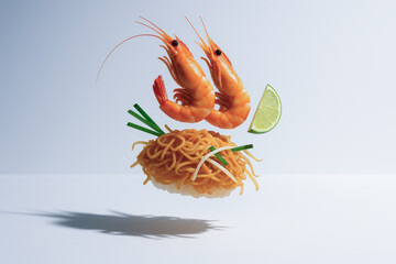 Creative composition features two shrimp elegantly positioned above bed of noodles, garnished with lime wedge and green onions, all set against minimalist background