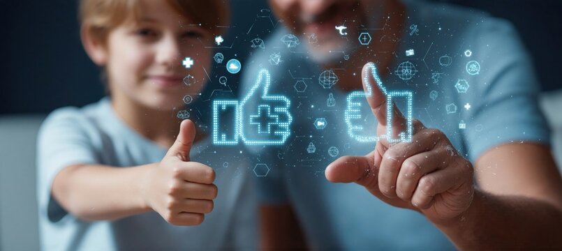 Father and Son Interacting with Digital Like Icons