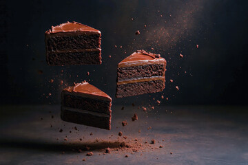 Three slices of rich chocolate cake with creamy frosting are suspended in mid air, surrounded by cloud of cocoa powder, creating dramatic and appetizing scene