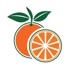 Flat vector illustration of an orange fruit with a slice and green leaves citrus food