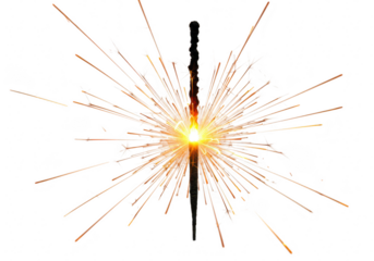 A single sparkler burns brightly, emitting a burst of glowing sparks against a dark background isolated on transparent background