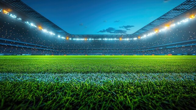 Empty soccer stadium at twilight, lights ablaze - Powered by Adobe