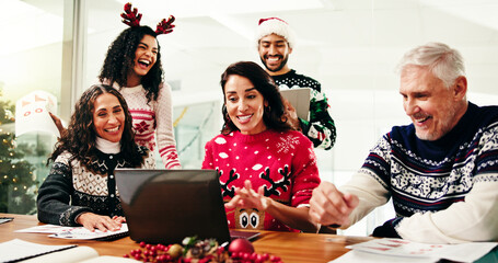 Celebration, colleagues and laptop in office, Christmas or happy for financial success and...