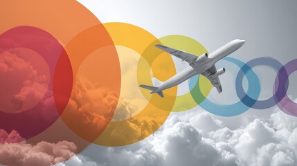 Naklejka premium An airplane soaring through colorful abstract circles and clouds in the sky.