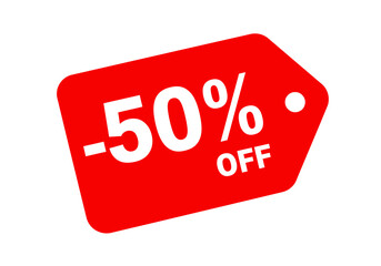 A vibrant red price tag prominently displays a fifty percent discount, ideal for sales, promotions, and special offers on products and services.