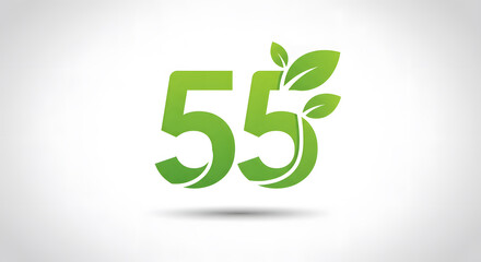 Green Number Fifty-five with Leaves on White Background for Ecological Themes