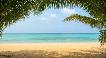 Tropical paradise beach with palm trees, turquoise ocean, and sunny sky perfect for a summer vacation, turquoise ocean, and sunny sky perfect for a summer vacation