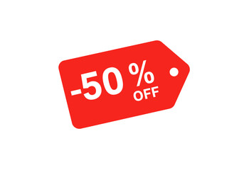 A vibrant red sale tag displays a 50% discount, a bold graphic element perfect for promoting special offers and attracting customers in a retail environment.