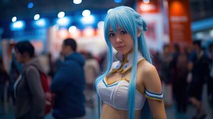 Cute female anime cosplayer with blue wig and blue eyes posing at a convention