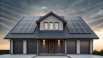 Modern house with solar panels and garages, set against a dramatic sky with power lines overhead.