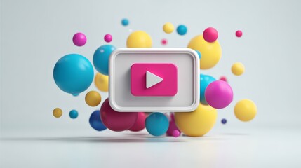 Colorful 3D geometric shapes with a play button icon, perfect for digital media.