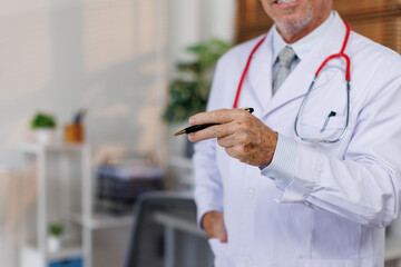 healthcare, Mala doctor character holds clipboard and standing in workplace.Professional...