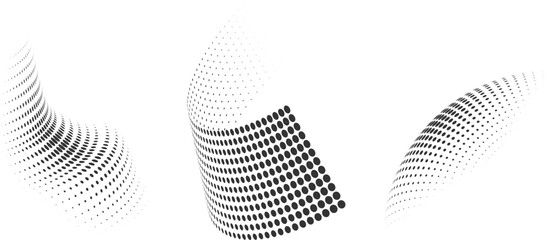 Set of dotted curved abstract shapes. Dotted pattern in halftone theme. Curved and twisted abstract gradients. Vector design element in black and white color.