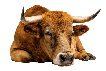 A brown cow with horns is lying down against a Transparent Background in a studio setting looking forward