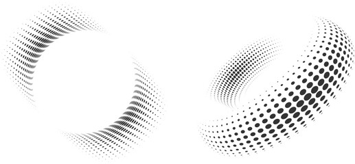 Set of dotted curved abstract shapes. Dotted pattern in halftone theme. Curved and twisted abstract gradients. Vector design element in black and white color.