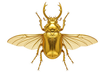 Obraz premium A shiny golden beetle with large horns and spread wings, isolated on a transparent background