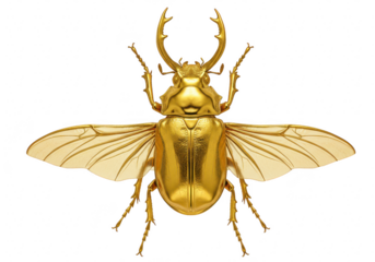 A shiny golden beetle with large horns and spread wings, isolated on a transparent background