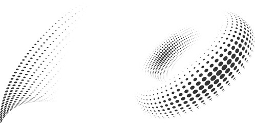Set of dotted curved abstract shapes. Dotted pattern in halftone theme. Curved and twisted abstract gradients. Vector design element in black and white color.