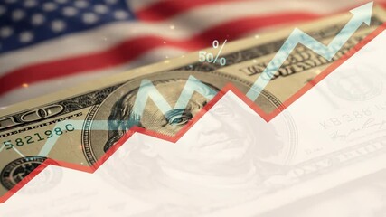 US Economy Growing With Financial Chart Overlaying Benjamin Franklin on Hundred Dollar Bill and American Flag Background - Powered by Adobe