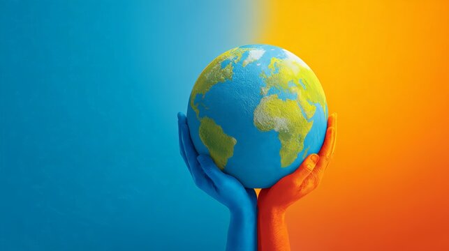 Colorful hands hold the Earth, symbolizing global unity and environmental care.