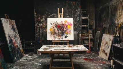 Artist's studio with paint splattered floor, easel, and abstract canvas artwork