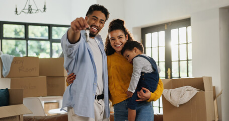 Keys, smile and portrait of family in new home for moving, property investment and security....