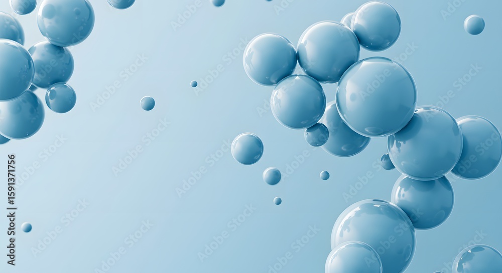 Poster a cluster of light blue, glossy spheres floating and overlapping against a soft, gradient blue backg