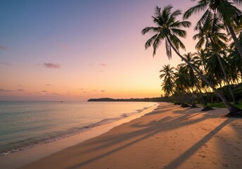 Fototapeta premium Tropical sunset paradise beach with palm trees, turquoise ocean, and sunny sky perfect for a summer vacation, turquoise ocean, and sunny sky perfect for a summer vacation