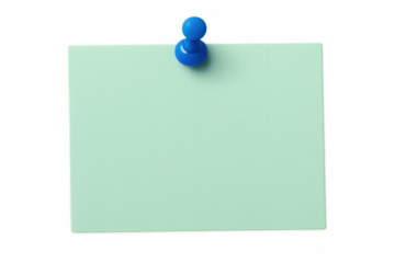 Blank light green sticky note pinned by blue pushpin against transparent surface