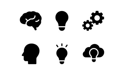Silhouette icons of brain, light bulb, gears, head, and cloud for innovation concepts