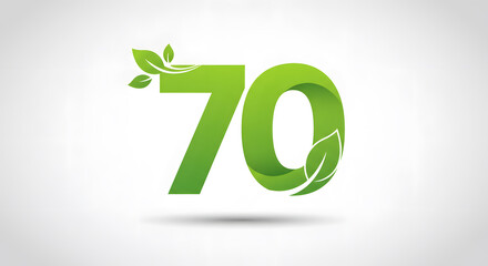 Green Number Seventy Decorated with Leaves on White Background